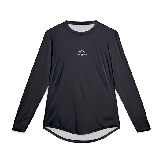 Black UV protection long sleeve sun shirt with Rest & Roam Co. logo. 